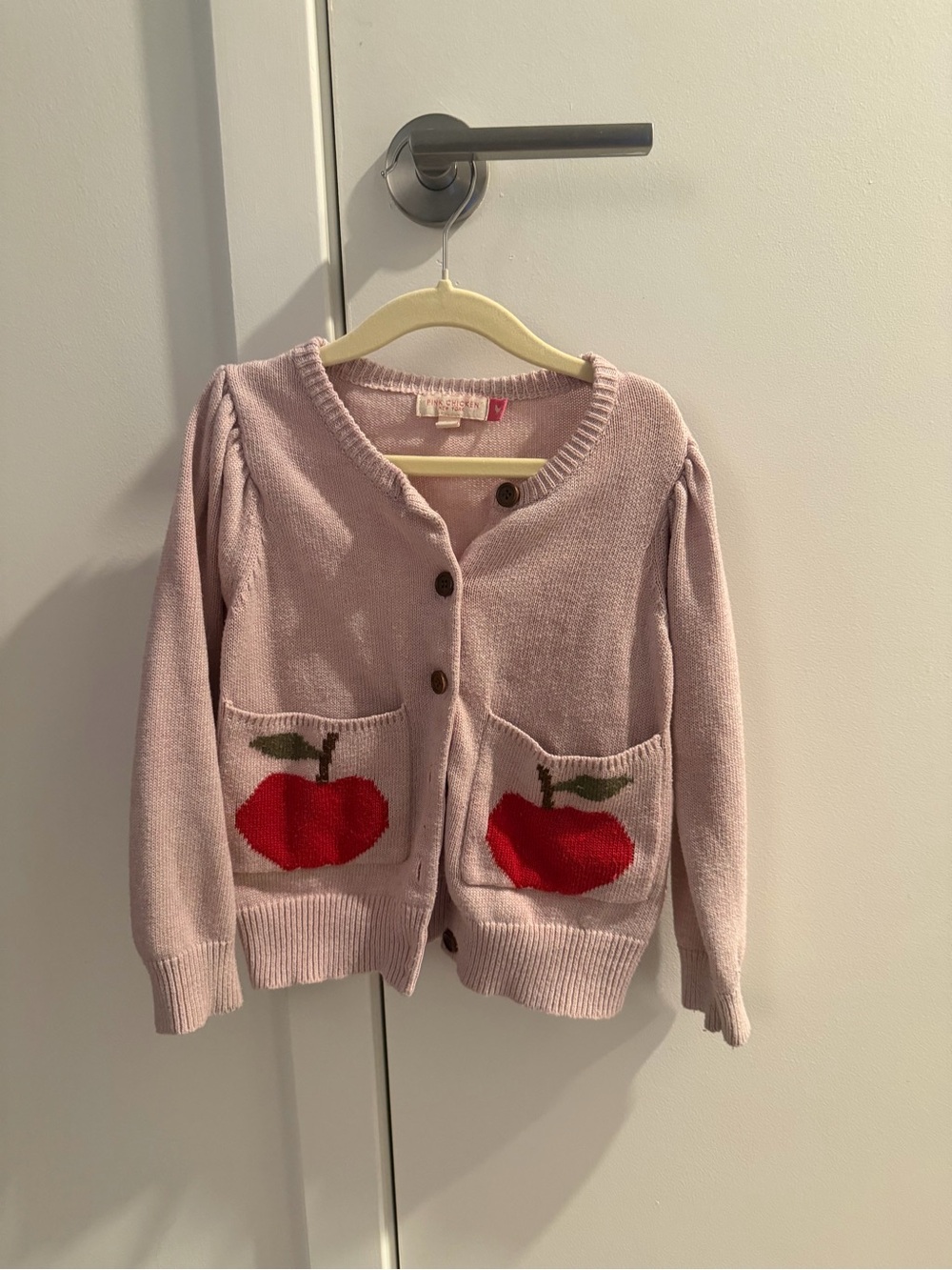 Pink Chicken Light Pink Cardigan with Red Apple Pockets